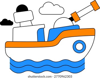 A stylized military vessel features a large cannon turret while floating on waves under clouds. This represents naval warfare and maritime defense operations in a modern graphic style.