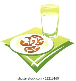 Stylized milk, cookies and green napkin isolated on a white background.