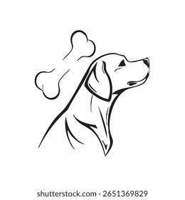 A stylized, minimalist black and white line art illustration of a dog's head looking upwards, with a bone positioned above and behind its head, suggesting anticipation or reward.