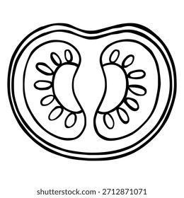 A stylized, minimalist black and white vector illustration of a tomato cross-section, highlighting its internal structure with bold outlines and simple curves.