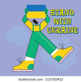 Stylized minimalist cartoon flat character with Ukrainian national flag. World supporting Ukraine concept. Stand with Ukraine square banner. Vector illustration