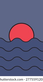 A stylized, minimalist depiction of a red sun setting over dark blue wavy water, against a muted blue background.