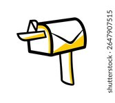 A stylized, minimalist drawing of a classic curbside mailbox. It features a white body with bold black outlines and bright yellow accents highlighting its features.