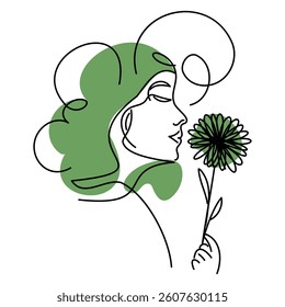 Stylized minimalist drawing of a serene woman holding and smelling a flower, expressing beauty, femininity, and calm nature vibes. Elegant Line Art Woman Smelling Flower
