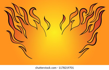 Stylized and minimalist fire wings vector illustration in cartoon line art with gradient fill and background
