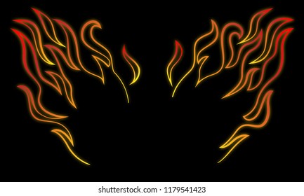 Stylized and minimalist fire wings vector illustration in cartoon line art with glow and dark background