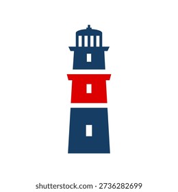 A stylized, minimalist graphic of a lighthouse with distinct red and blue sections, set against a white background.