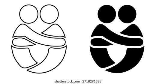 Um ícone minimalista estilizado que representa duas figuras em um abraço íntimo, simbolizando conexão, parceria e cuidado mútuo.