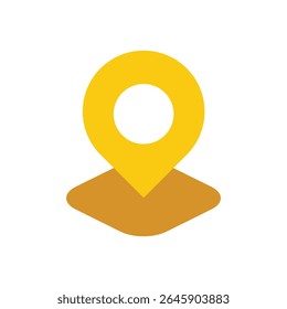 A stylized, minimalist icon dominates the composition, depicting a location marker.