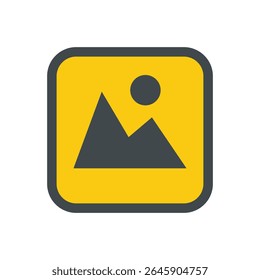 A stylized, minimalist icon dominates the scene, set against a stark white background. The icon is contained within a rounded square with a thick, dark gray border.