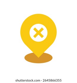 A stylized, minimalist icon floats against a stark white background. The primary subject is a bright yellow location pin, rendered in a flat, graphic style. 