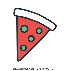 A stylized minimalist icon of a triangular pizza slice with a red base and green circular toppings isolated on a plain background