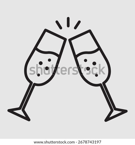 A stylized, minimalist icon of two champagne flutes toasting, with bubbles and sparkle lines