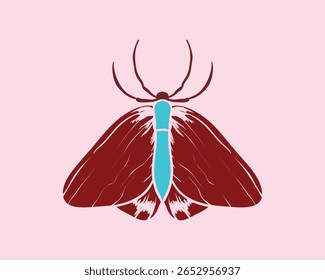 A stylized, minimalist illustration of a dark red moth with prominent antennae and a bright turquoise body, set against a soft pink background. The design is clean and graphic.
