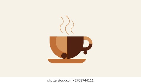 Eine stilisierte minimalistische Illustration zeigt eine dampfende Kaffeetasse in Brauntönen. Das Design ist einfach und elegant, mit einem modernen Touch. Perfekt für Branding, Menüs oder jedes kreative Projekt