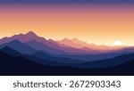 A stylized, minimalist illustration of a mountain range at sunset, with warm orange and purple hues illuminating the peaks and sky.