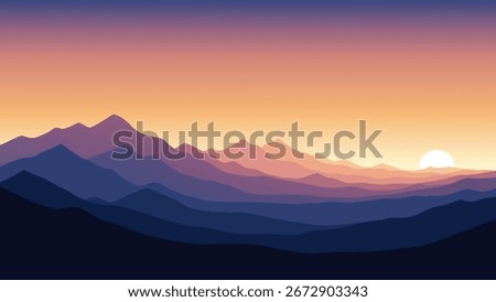 A stylized, minimalist illustration of a mountain range at sunset, with warm orange and purple hues illuminating the peaks and sky.