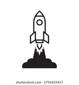 A stylized, minimalist illustration of a rocket launching from a launchpad. The rocket features a pointed nose cone, circular windows, and fins, with a bright flame and smoke at its base. The design u.