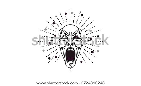 A stylized, minimalist illustration of a screaming face with eyes closed, radiating lines and dots, symbolizing intense emotion or a powerful outburst.