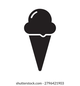 A stylized, minimalist illustration of a single ice cream cone featuring a scoop of ice cream on top. The design uses solid black fill with subtle white highlights to indicate texture and light reflec.