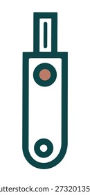 Una ilustración estilizada y minimalista de una unidad flash USB con un contorno verde azulado y un interior blanco. Presenta un círculo marrón y un círculo blanco dentro de su cuerpo.