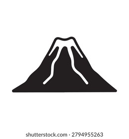 A stylized, minimalist illustration of a volcanic mountain featuring a dark silhouette base with white snow-capped peaks and erupting steam or smoke. The composition is bold and graphic, emphasizing c.