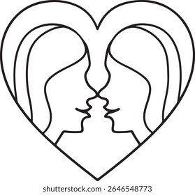 Uma ilustração estilizada e minimalista de duas faces se beijando, formando a forma de um coração. Este gráfico é isolado em um fundo branco limpo, representando amor e conexão.