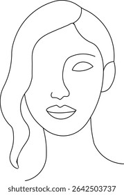 A stylized, minimalist line drawing of a woman's face and flowing hair.