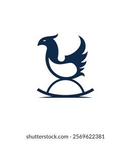 stylized, minimalist logo of a bird with wings spread, perched on a curved line resembling a rocking chair base