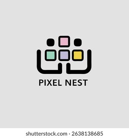 A stylized, minimalist logo design for Pixel Nest, incorporating a vibrant color palette and clean lines.