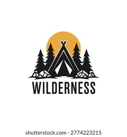 A stylized, minimalist logo featuring a tent, pine trees, rocks, and a sun, with the word 