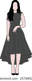 Stylized minimalist vector illustration depicting a woman in a formal black dress,emphasizing style and elegance.