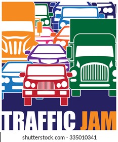 Stylized minimalist vector illustration on the theme of traffic and traffic jams during peak hours in the big city