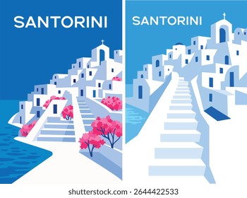 Stylized minimalist vector illustration of Santorini, Greece. Whitewashed houses, bright pink bougainvillea flowers, and deep blue sea under a clear sky