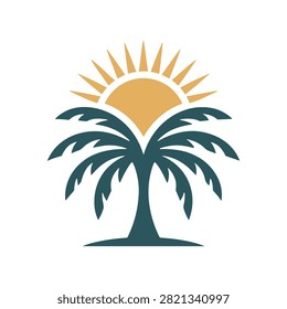 A stylized, minimalist vector logo design featuring a palm tree silhouette integrated with a rising sun, perfect for travel, resort, or summer branding.