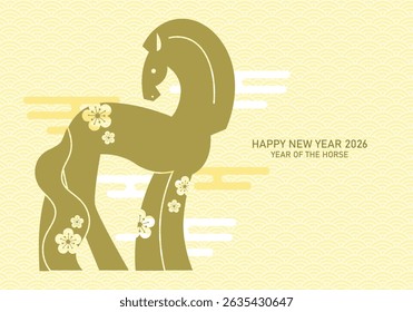 Stylized minimalist zodiac horse silhouette with plum blossoms. Chinese new year of the horse 2026 greeting card.