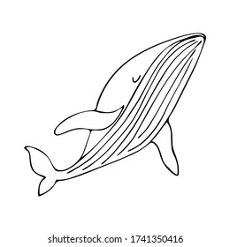 stylized minimalistic cartoon blue whale, humpback whale swimming. Hand-drawn vector stock illustration on a white isolated background. childish character illustration. logo Hand drawn doodles