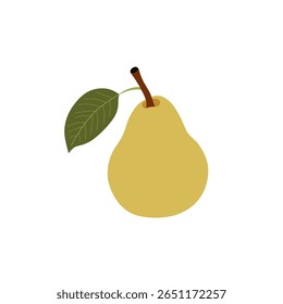 Ilustração digital estilizada e minimalista de uma pera amarela com uma folha verde em um caule. Ideal para uso em projetos criativos, projetos relacionados à comida ou como um visual de arte moderna simplista.