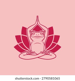 A stylized, minimalistic frog meditating in a cross-legged position with lotus petals behind