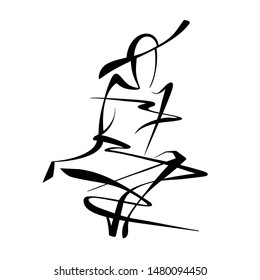 Stylized minimalistic image of young woman in vintage dress and hat sitting relaxed. Chinese calligraphy style simple  logo drawn by ink. Black sign on white background. Vector for plotter cutting