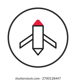 Um gráfico vetorial minimalista e estilizado exibe um ícone de foguete aerodinâmico. O design apresenta linhas limpas e uma ponta vermelha, encapsulada em uma moldura circular moderna e nítida. Evoca temas de