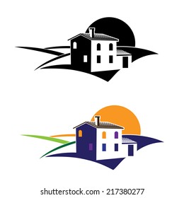 stylized, minimalistic villa in the fields in several colors