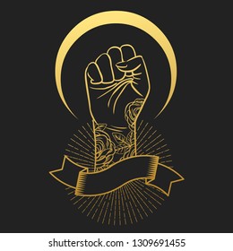 Stylized mirror of Venus, symbol of feminist movement. Woman's fist, Moon, ribbon on black background. Vector hand drawn illustration