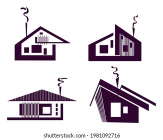 Stylized modern architecture isolated icons collection set. Silhouette houses vector illustration on white background.