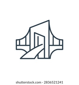 Stylized modern bridge architecture line icon.