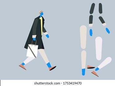 Stylized modern character fo r animation or motion graphic.  Side view of a man walking forward. Young man character. Flat vector illustration. Some parts of body
