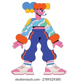 A stylized, modern character illustration featuring a unique design with rounded shapes, bright color blocking, and a playful, energetic aesthetic.