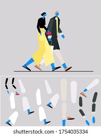 Stylized modern characters for animation or motion graphic.  Side view of a couple walking forward. Young couple character. Flat vector illustration. Some parts of body.