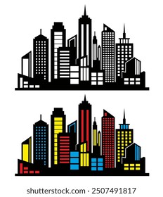 Stylized modern city skyline silhouette, with a black and white version and a colorful version