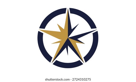 Um logotipo de rosa de bússola estilizado e moderno com pontos afiados em ouro e azul escuro, simbolizando direção, orientação e realização.